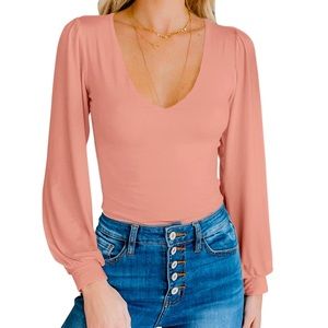 Womens V Neck Casual Long Sleeve Pink Bodysuit